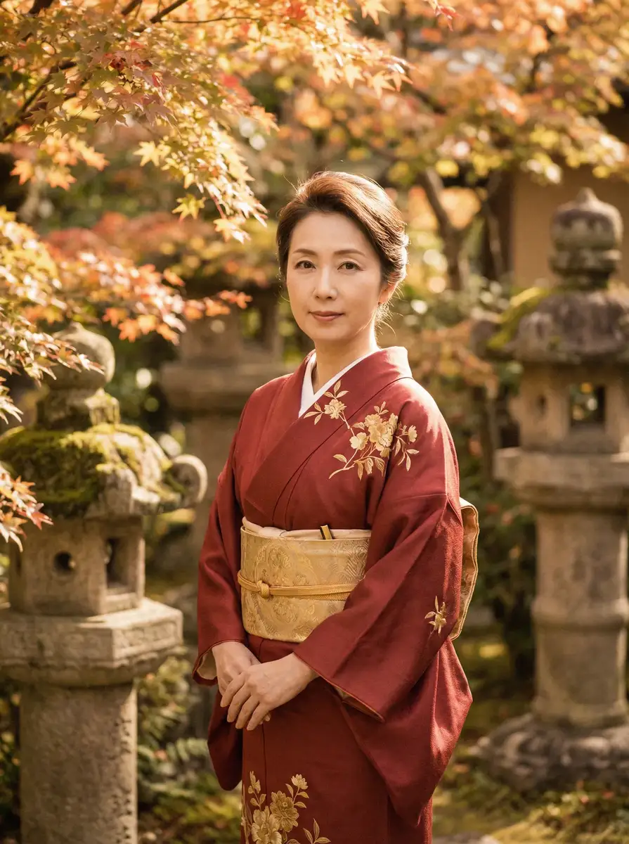 一位身穿暗红色和服的优雅 探花视频 - 人气内容精选，相关内容持续更新 在日式庭院中